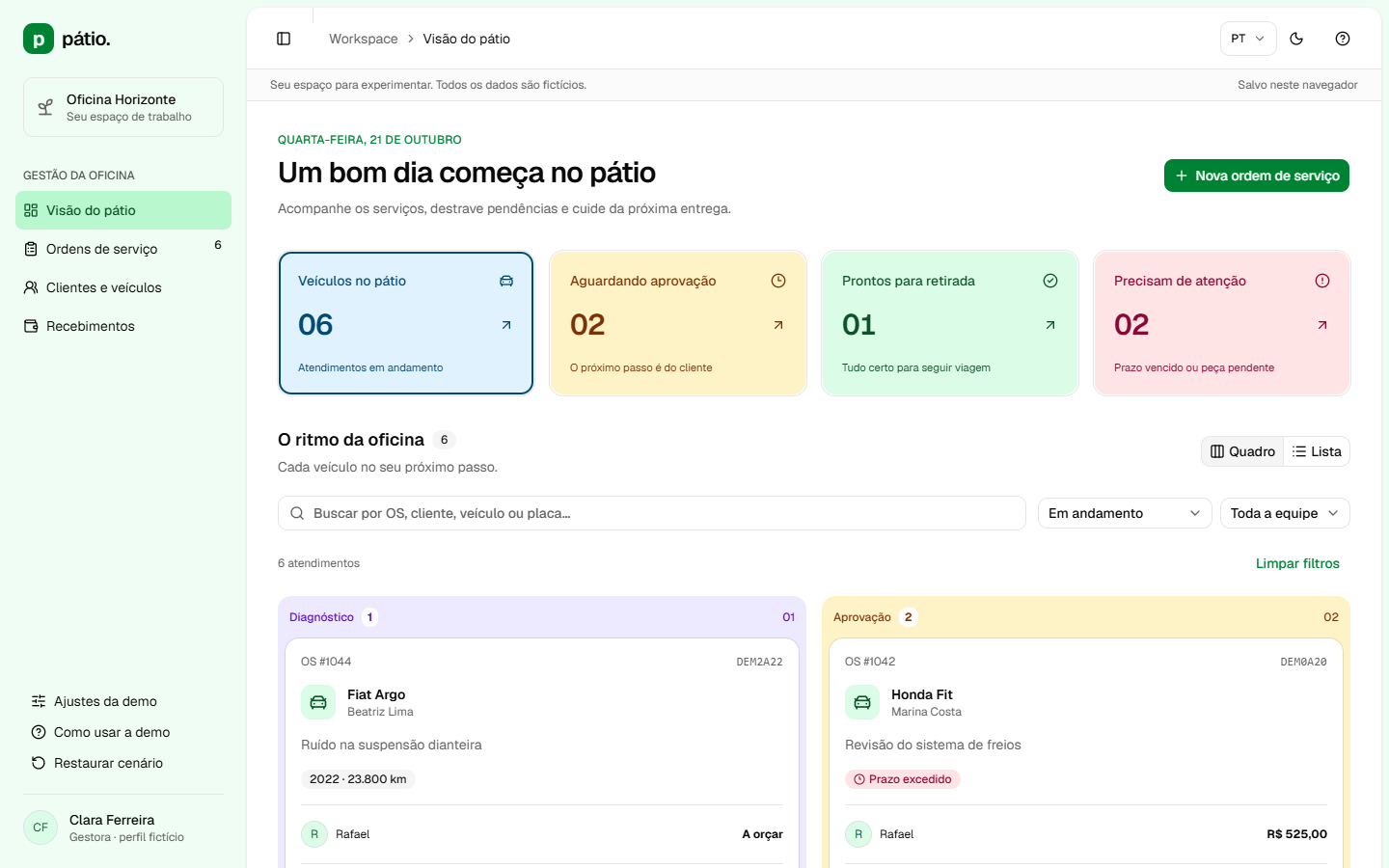 Pátio dashboard with workshop metrics and a service order board organized by stage